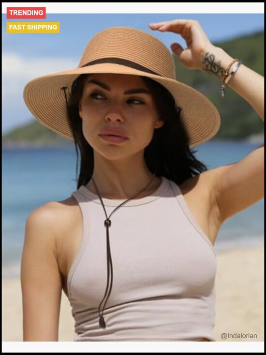 Wide Brim Sun Hat with Wind Lanyard UPF 50+ Foldable Straw main image 4